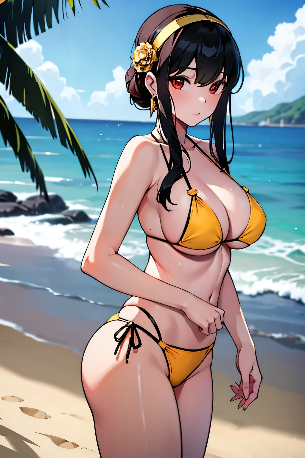 masterpiece, best quality, highres, aayorf, sidelocks, black hairband, hair ornament, red eyes, gold earring, large breasts, yellow bikini, standing, beach, from side,