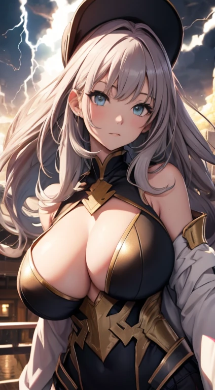 最high quality、Best image quality、masterpiece、With a girl((18-year-old、Best Bust、Large bast、Beautiful golden eyes、Spread your chest wide,Pink long hair、Slender、Big Valley、Blue Bodysuit,Show the whole body、Open your arms、Gold ring on wrist、手からlightningを放つ)）high quality、Beautiful art、background((Night Sky、Black Cloud、lightning、violent thunder、Lightning strikes、Red Thunder、青いLightning strikes、Gold Thunder)))Tabletop、Visual Arts、Depth of written boundary、Night Sky(showoff breasts:1.6).(showoff nipple:1.3).(huge breasts:1.9)