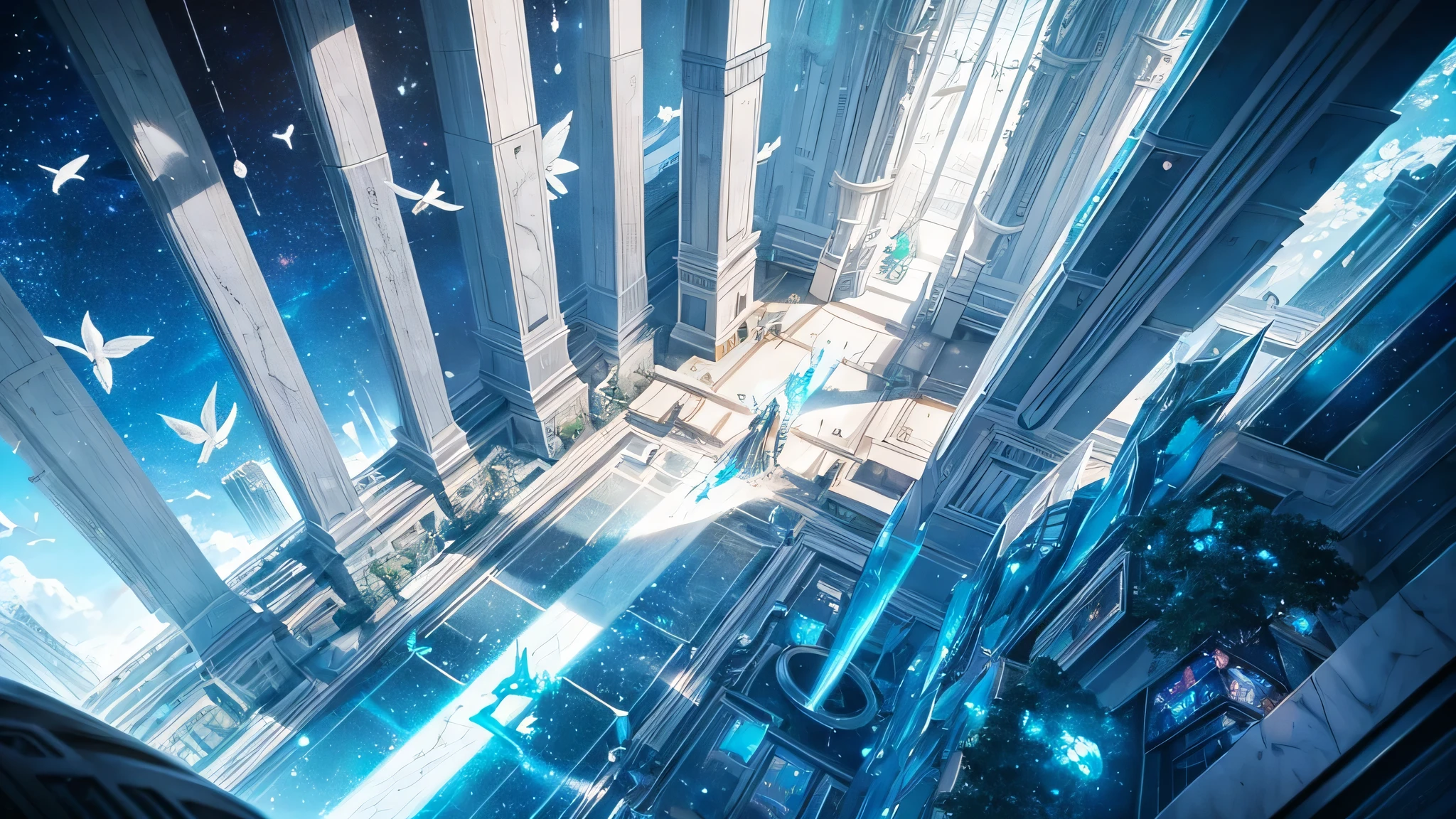 Very large space, large crystal, marble, transparency, mysterious, fantasy, near future, science fiction, beautiful girl, solo, distant view, bird's-eye view, Japanese anime style