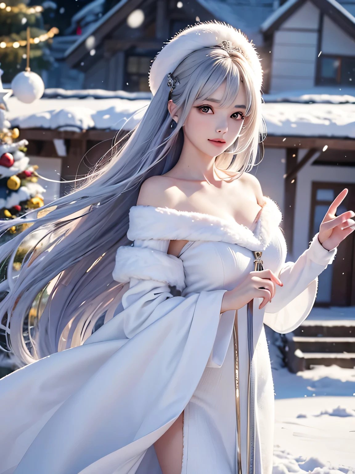 ((masterpiece:1.5、8k、Portrait、Photorealistic and very detailed CG、Very detailed、Particle Effects、Dynamic Effects、Written boundary depth、Cinematic Light、Lens flare、Ray Tracing、Tabletop、Realistic:1.4、超A high resolution:1.2、Realistic、Realistic))((alone、A woman wearing a white fur long coat over an off-the-shoulder knit:1.4、Elegant woman posing:、Detailed face、Bright expression、Younger, brighter, whiter skin、Ample breasts、Best Looks、The ultimate beauty、Silver hair with dazzling highlights、Shiny bright hair,、Super long, silky straight hair、hair dancing in the wind))(morning、The setting is outdoors in the snow, near a Christmas tree.)
