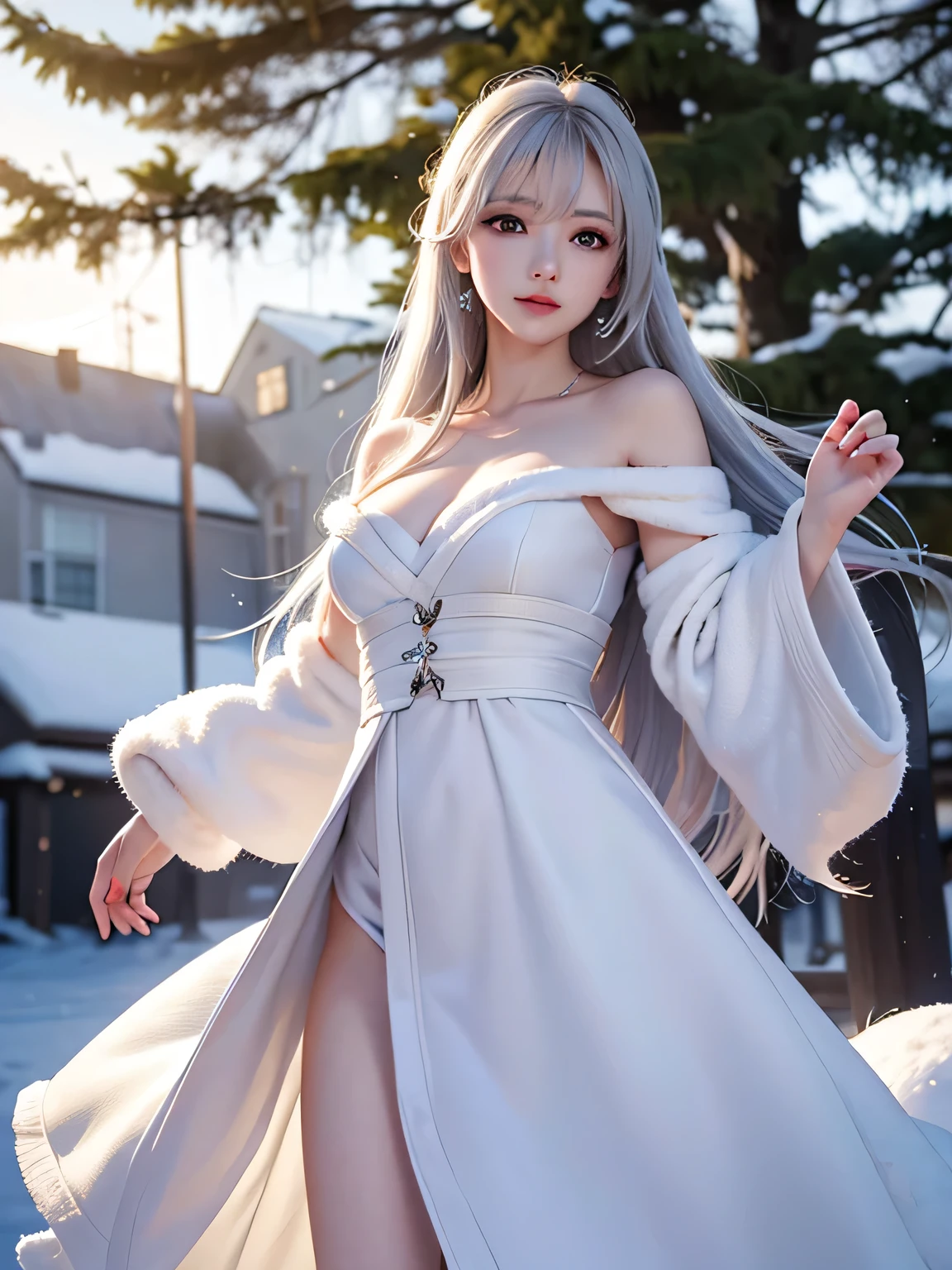 ((masterpiece:1.5、8k、Portrait、Photorealistic and very detailed CG、Very detailed、Particle Effects、Dynamic Effects、Written boundary depth、Cinematic Light、Lens flare、Ray Tracing、Tabletop、Realistic:1.4、超A high resolution:1.2、Realistic、Realistic))((alone、A woman wearing a white fur long coat over an off-the-shoulder knit:1.4、Elegant woman posing:、Detailed face、Bright expression、Younger, brighter, whiter skin、Ample breasts、Best Looks、The ultimate beauty、Silver hair with dazzling highlights、Shiny bright hair,、Super long, silky straight hair、hair dancing in the wind))(morning、The setting is outdoors in the snow, near a Christmas tree.)