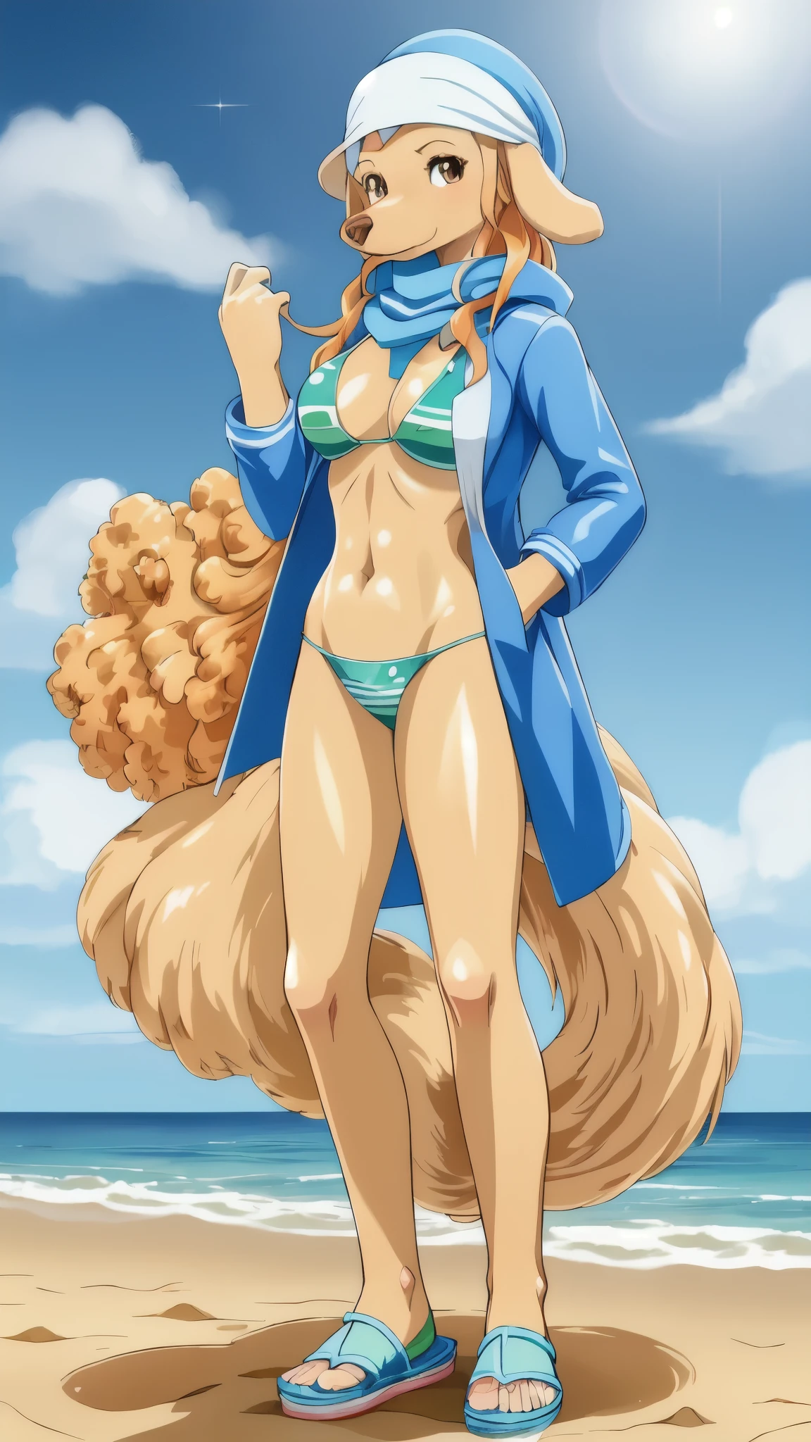 masterpiece, best quality, smile, looking at viewer,
,, wanda, 1girl, solo, long hair, medium breasts, animal ears, brown eyes, orange hair, furry, furry female, detailed body fur, detailed face, detailed eyes, georgeous body, shiny body, ((white headscarf hat, blue jacket, open clothes, green bikini, flip flops)), full body, feets with three toes, standing, beach, clear sky, ( dog snout:1.5), (dog nose:1.5)