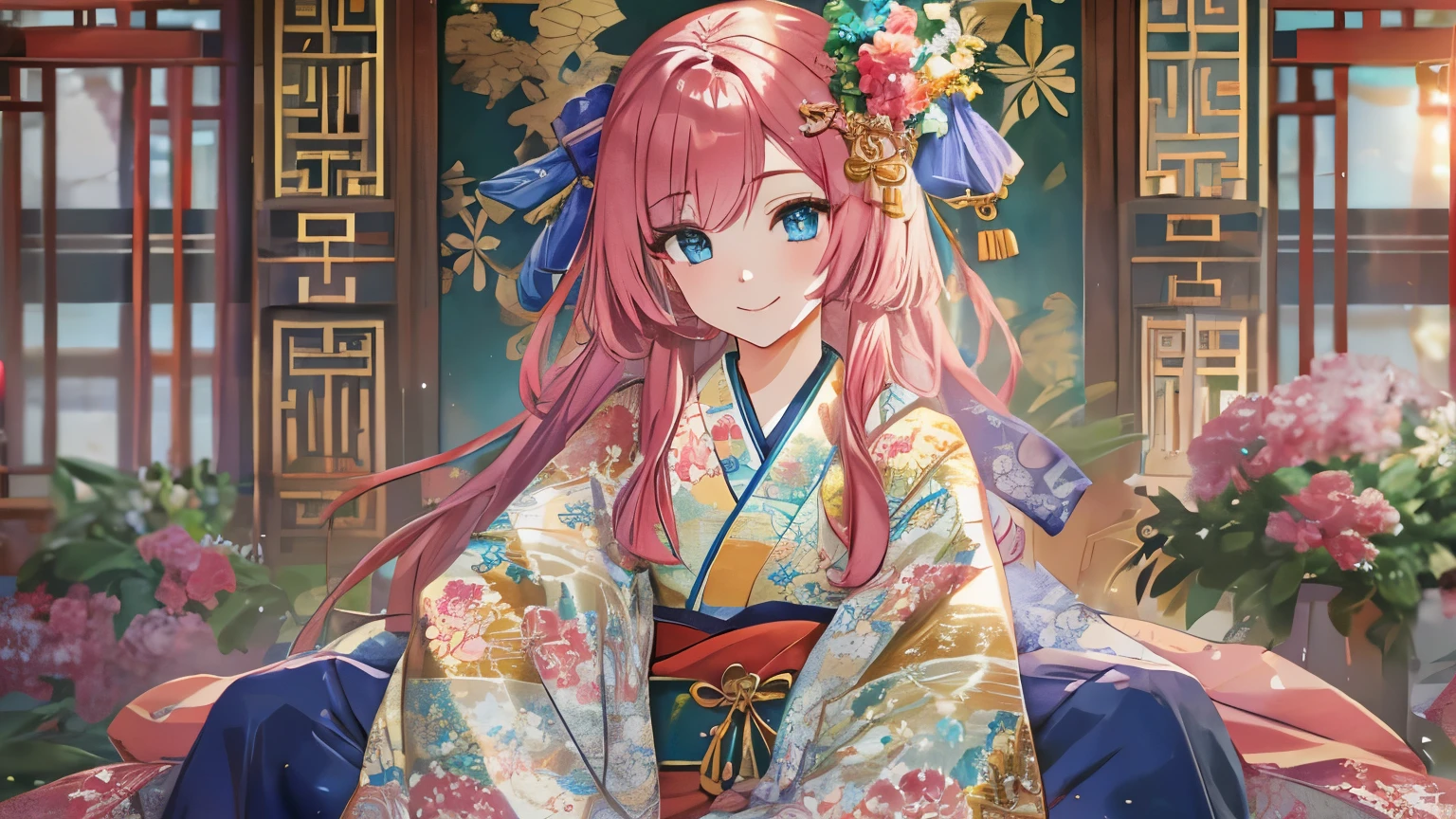 Official Art, unity 8k wallpaper, Super detailed, beautifully、aesthetic, masterpiece, highest quality,A 20 year old beauty, (Beautiful Anime Girls, Detailed face,Bright pink hair and captivating blue eyes, Sit Elegantly. She is wearing a Japanese kimono, radiating elegance and allure. Her smile lights up the room, Complementing her fair and flawless complexion.),Relax in the Chinese Emperor&#39;s Chambers