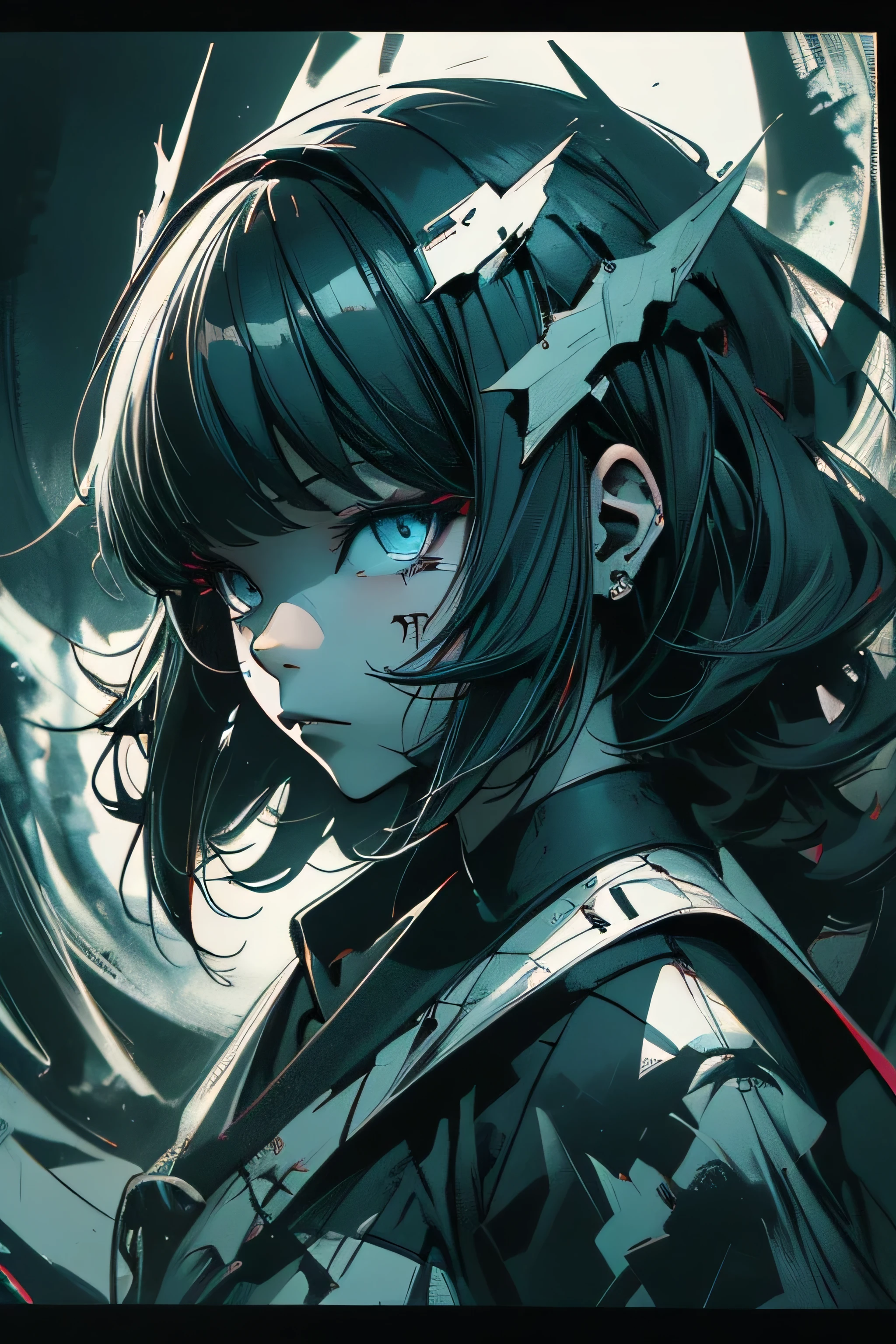 v5lcn style,ink art,(Best Quality,masutepiece:1.2),(black and white comic core:1.1),(extreme high contrast),Dark ink,1girl in,A dark-haired,Shadow on face、8K,resolution,High School Girl
