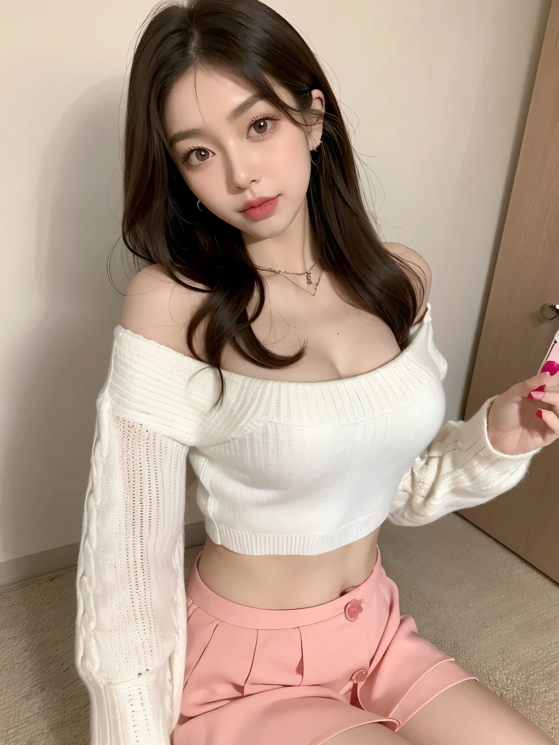 Kim Jennie with white brown hair, con rulos en las puntas, all her hair white brown, with a star clip in her white brown hair, ojos de color claro, ojos bonitos, ojos llorosos, nariz bonita y respingada, nariz lloroso, labios bonitos, labios rosas, heart and cupid shaped lip, piel bonita, pale, piel blanca, con lunares y pecas en todo el rostro, rubor rosa suave en las mejilla, rubor rosa natural, maquillaje suave y rosa, jennie, cuello bonito, cuello marcado, frown, mirada tierna, con un collar de beso, un collar bonito de beso, parecido a Yumeko Jabami, mientras lleva puesto un Crochet YK2, de lana, with a YK2 style brown mini skirt, mientras lleva una casaca con estampados de ositos, mientras tiene el abdomen desnudo, delgado, marcado y bonito, (pechos grandes, pechos suaves, pechos bonitos), mientras esta haciendo cospaly del personaje Yumeko Jabami, del anime Kakegurui, mirando a la camara, autofoto, selfie bonita