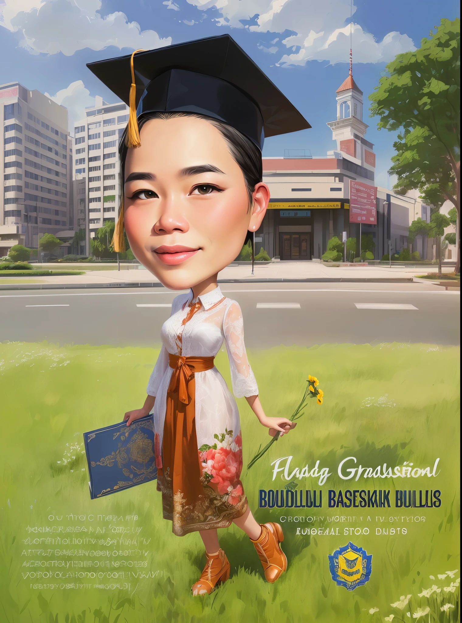 cartoon character of a woman in a graduation gown and a graduation cap, post graduate, The grass is green and there are small flowers among the grass, caricature illustration, caricature style, student, caricature, potrait, in cartoon style, caricature!!!, realism artstyle, digital art!!, graduation photo, digital ilustration, cartoon digital painting, cartoon artstyle, digital art cartoon, inspired by Basuki Abdullah, photography photorealistic
