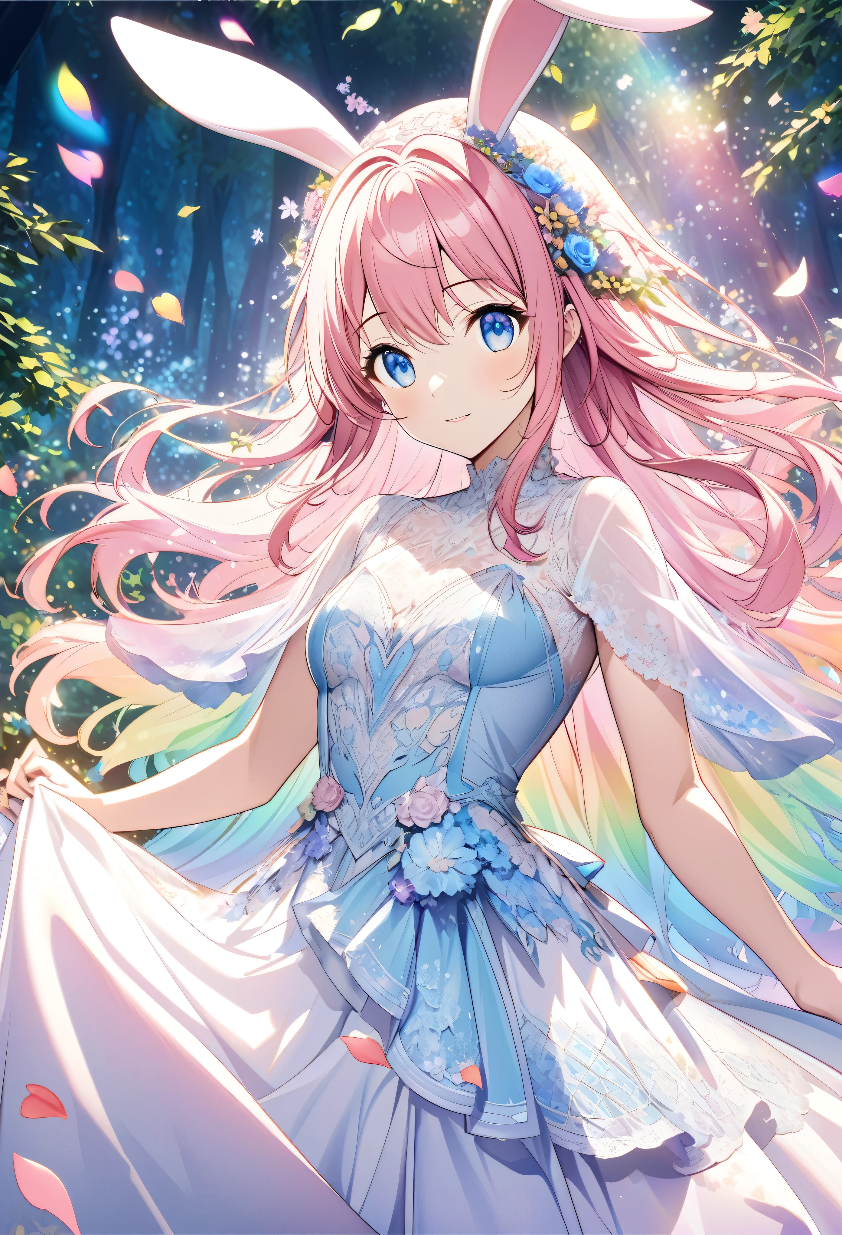 “Create an AI illustration of an anime-style character with pink hair and blue eyes, adorned with bunny ears and floral decorations. The character wears a flowing dress with special lace detailing, transitioning from white to blue, decorated with flower patterns and petals, set against an ethereal forest background with beams of light filtering through the trees and floating colorful leaves.with rainbow”