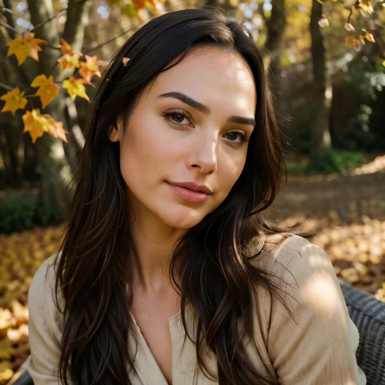 Photorealistic, ultra-detailed, Beautiful actress Gal Gadot, portrait photo, solo, looking directly into the camera, sitting on an antique chair, enchanting forest background with golden Autumn leaves, brilliant sunshine, early afternoon, vibrant scene, capturing the essence of real life, brunette undertones in her blonde hair, 30 years old, expressive eyes, high resolution, Masterpiece, Best quality, intricate high details, highly detailed, sharp focus, realistic skin texture, lifelike, detailed facial features, professional, 4k, alluring smile, captured with a Canon, 50mm lens, shallow depth of field, Kodak Port