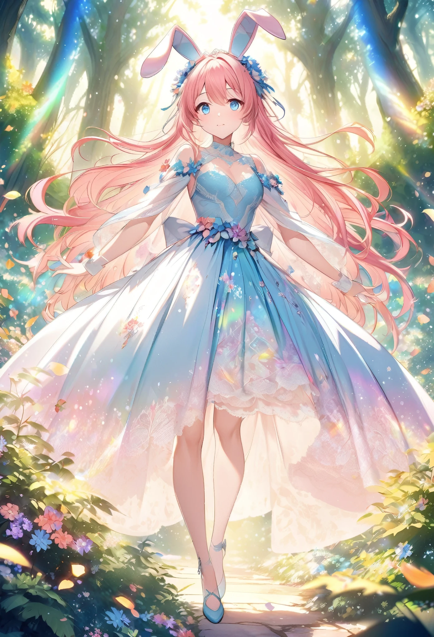 “Create an AI illustration of an anime-style character with pink hair and blue eyes, adorned with bunny ears and floral decorations. The character wears a flowing dress with special lace detailing, transitioning from white to blue, decorated with flower patterns and petals, set against an ethereal forest background with beams of light filtering through the trees and floating colorful leaves.with rainbow”