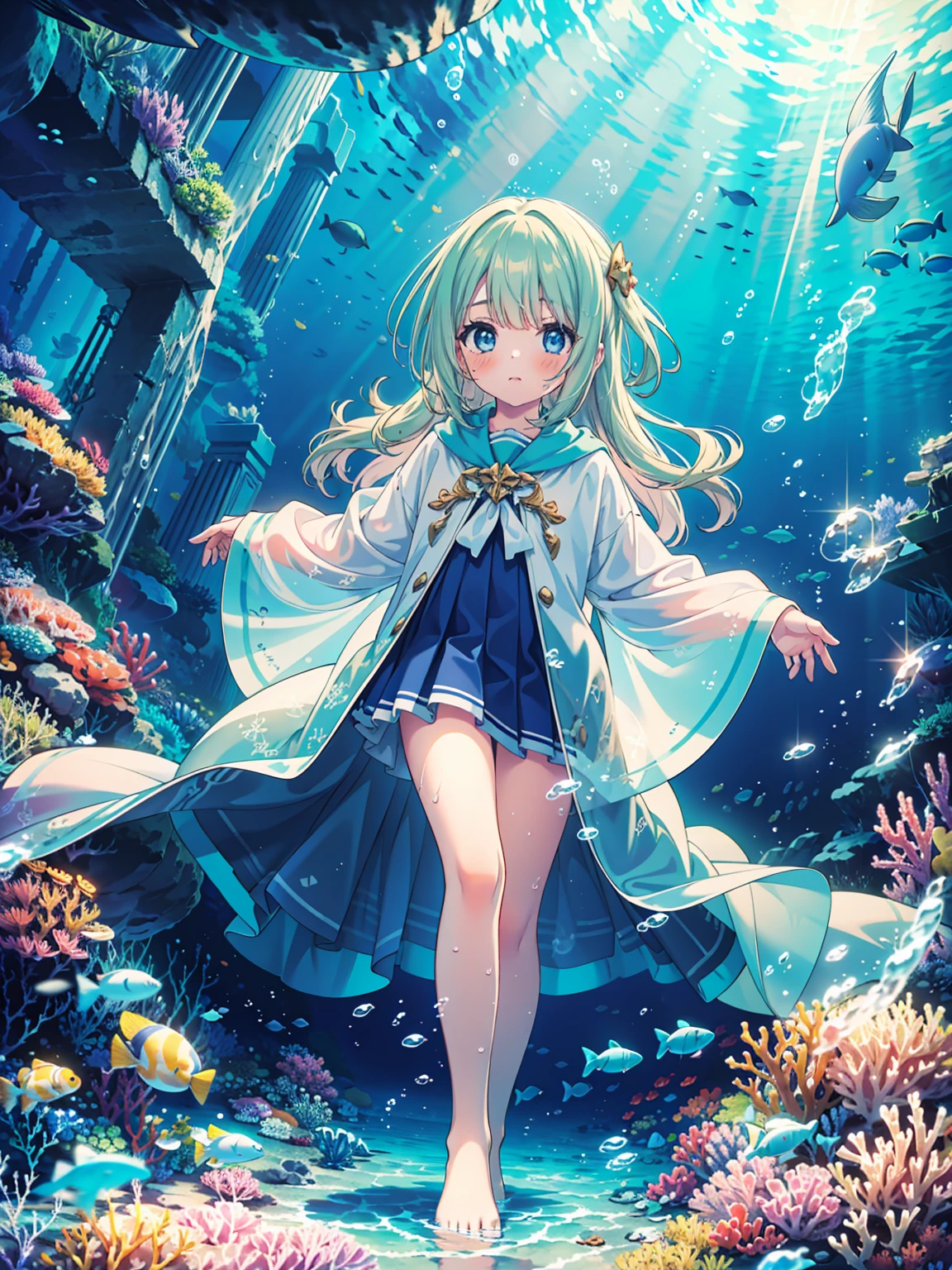 masterpiece, best quality, absurdres, 1girl, Deep under the sea, the white marble Greek temple, the brilliant stone avenue, a robed girl in it. fishs, coral, magical light, Tyndall light, in the water, under sea, under ocean, underwater, submerged water, deep submersion