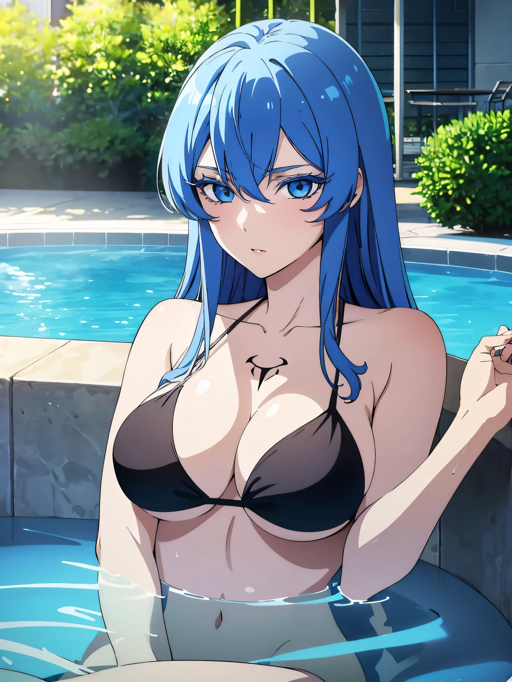 (artwork, best quality) 1 girl with long blue hair, blue eyes, blue eyelashes, well detailed eyes, hot look, big breasts, black bikini, in a pool, bathing, soaking, soft skin