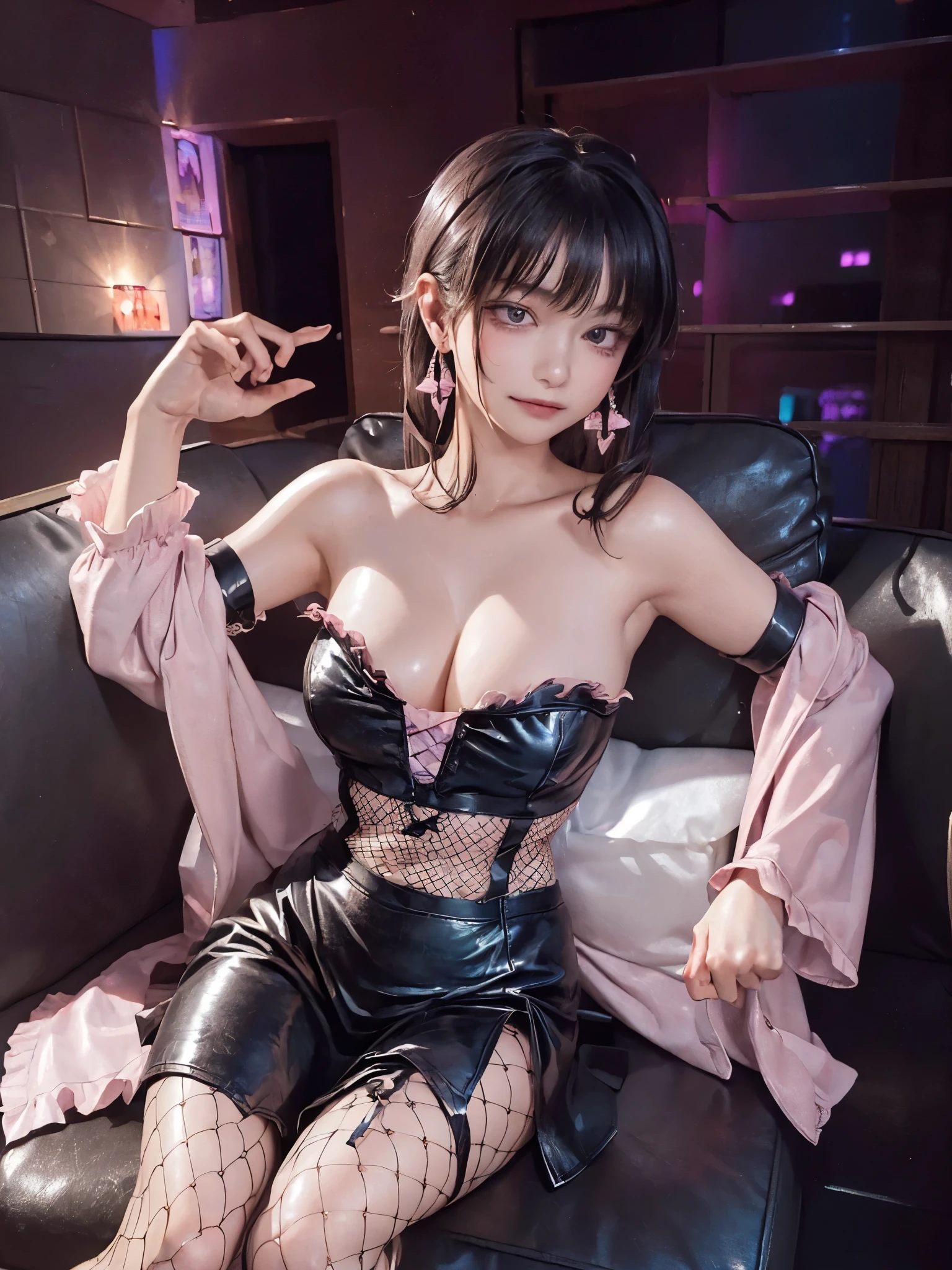 best quality, ultra-detailed, illustration,
sc1, scenery, night, lights, indoors, light, neon lights, couch, table,
sc1, couch, scenery, table, indoors, night sky, low_light, depth of field, from from side, sitting,, ultra detailed, masterpiece, best quality, aesthetic, detailed,
A girl sits right next to me、A sweet face、
(sit on the same couch、Sit close together on a long, big 2-seater sofa:1.5、As if putting our shoulders together、POV,View from the side)、Brat、
One Girl、Black hair in twin tails、short hair、Wavy Hair、Blunt bangs、Purple eyes、((A sweet, ecstatic face:1.5),Lots of silver earrings、((Big Breasts)), (Pink frilly outfit:1.5、Off-the-shoulder strapless、ローライズBlack tring panties)、((Fishnet tights))、Platform leather shoes、