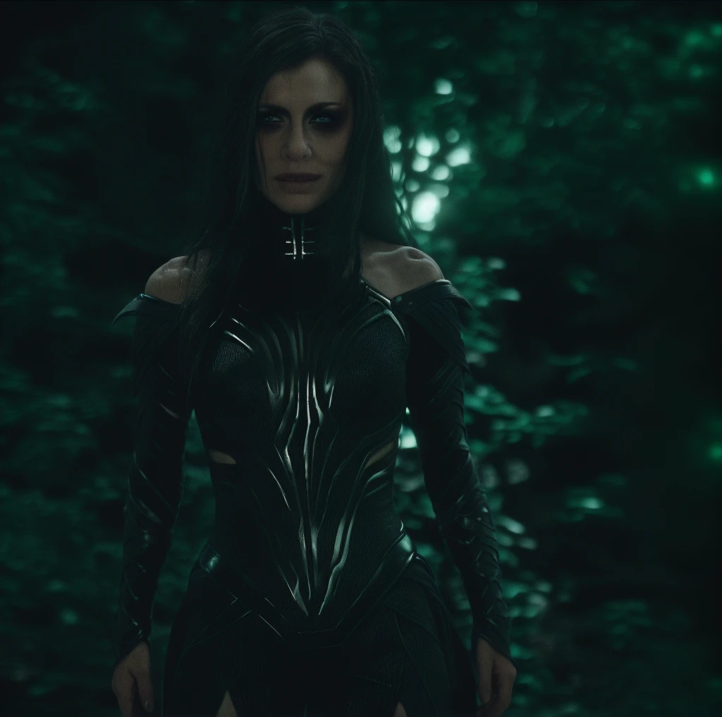 Best_QualityPos, RAW photo, intricate details, best quality, 8k uhd, soft lighting, 1girl, solo, black hair, long hair, armor, bare shoulders, Black eyes, forest