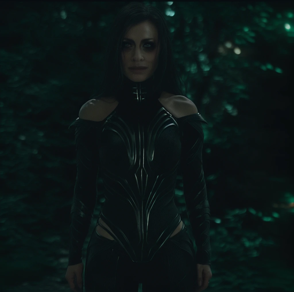Best_QualityPos, RAW photo, intricate details, best quality, 8k uhd, soft lighting, 1girl, solo, black hair, long hair, armor, bare shoulders, Black eyes, forest