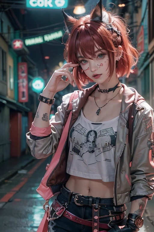 Sleeveless、The tattoo、bright red、Really red、Red、Red-haired、rot、red hairs、head phone、🎧、goth_punk, 1girl in, solo, medium shot, Walking in Harajuku, ((during night)), bokeh dof, Neon light, Iridescent eyes, starrysky, red glowing hair, Black eyebrows, Radiant hair, (iridescent red hair), 耳Nipple Ring, bangss, jewely, masks, bluntbangs, verd s eyes, Mouth mask, blurry backround, bblurry, hair adornments, Look at viewers, shorth hair, portraitures, side locks、goth、(masutepiece), (Portrait), (Aesthetic), (Beautiful), (upper blody), (High quality), (aesthetic clothings), (professional angle), (thirds rule), (Feminine), (Woman), (Female), (Beautiful),(Feminine features), (25-years old), Solo, 1 woman, (Charming punk girl), Winters, Dramatic light, ((Playing guitar)), (Standing), Edgy makeup, (Small bust), ((electric guitar)), (Front face), (Defiant expression), ((defiance)), (Leather jackets and tattoos), ((Short hair)), (dyed (E.G. and pinks) hair), (spiky hair), (Thick hair), Matte Shine Hair, (Hair bands scattered in the hair), (Green eyes), (Bold and bold look), (pale skin), (Dark clothes), (Band T-shirt), (Ripped jeans), (-), crew neckline), ((Urban alley background)), (up close shot), Beautiful hands, Two hands, normal hands, Two arms, complete hands, Beautiful body, Beautiful fingers, normal fingers, Five Fingers, Five Fingers, (Thumb index finger ring finger), Beautiful ears, normal ears, Beautiful eyes, shiny eyes, Beautiful mouth, Beautiful lips,