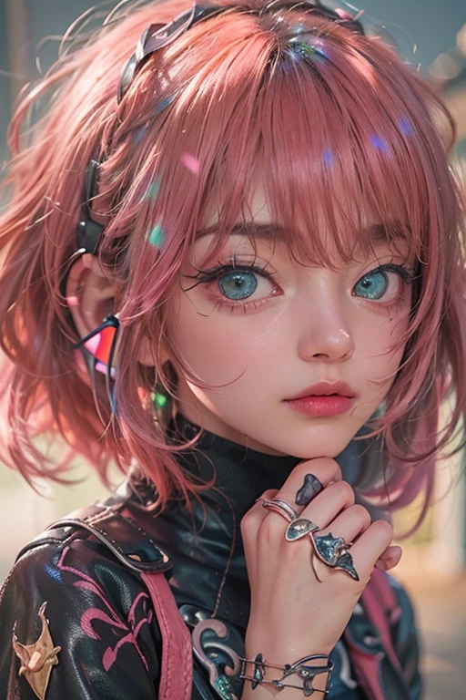 Sleeveless、The tattoo、bright red、Really red、Red、Red-haired、rot、red hairs、head phone、🎧、goth_punk, 1girl in, solo, medium shot, Walking in Harajuku, ((during night)), bokeh dof, Neon light, Iridescent eyes, starrysky, red glowing hair, Black eyebrows, Radiant hair, (iridescent red hair), 耳Nipple Ring, bangss, jewely, masks, bluntbangs, verd s eyes, Mouth mask, blurry backround, bblurry, hair adornments, Look at viewers, shorth hair, portraitures, side locks、goth、(masutepiece), (Portrait), (Aesthetic), (Beautiful), (upper blody), (High quality), (aesthetic clothings), (professional angle), (thirds rule), (Feminine), (Woman), (Female), (Beautiful),(Feminine features), (25-years old), Solo, 1 woman, (Charming punk girl), Winters, Dramatic light, ((Playing guitar)), (Standing), Edgy makeup, (Small bust), ((electric guitar)), (Front face), (Defiant expression), ((defiance)), (Leather jackets and tattoos), ((Short hair)), (dyed (E.G. and pinks) hair), (spiky hair), (Thick hair), Matte Shine Hair, (Hair bands scattered in the hair), (Green eyes), (Bold and bold look), (pale skin), (Dark clothes), (Band T-shirt), (Ripped jeans), (-), crew neckline), ((Urban alley background)), (up close shot), Beautiful hands, Two hands, normal hands, Two arms, complete hands, Beautiful body, Beautiful fingers, normal fingers, Five Fingers, Five Fingers, (Thumb index finger ring finger), Beautiful ears, normal ears, Beautiful eyes, shiny eyes, Beautiful mouth, Beautiful lips,