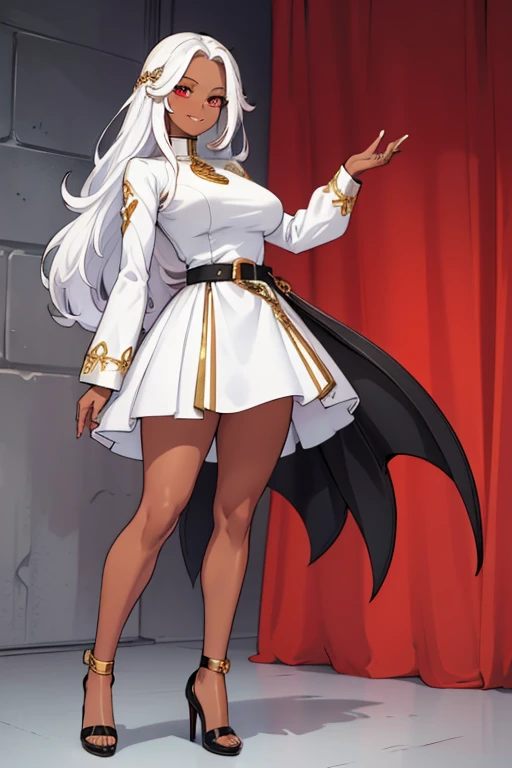 female, white long hair, red eyes, dark skin, (((1girl))), (((white long sleeve dress))), (black belt), (gold heels), (gold jewelry), cute and sexy, full body, large breasts, large butt, long legs, smiling