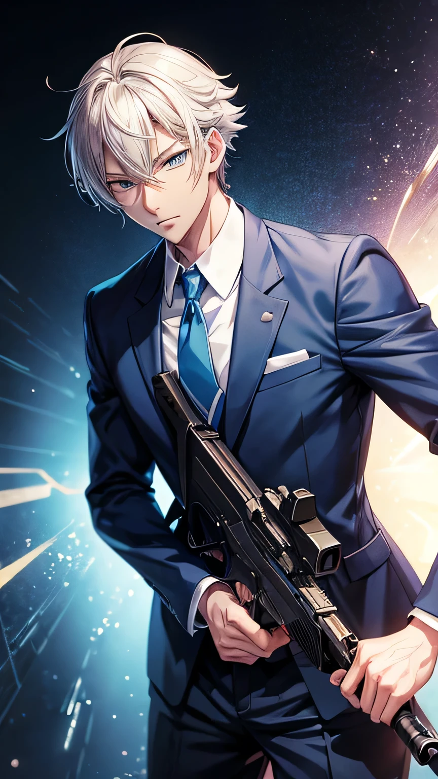 anime character with a gun and a blue tie posing for a picture, tall anime guy with blue eyes, handsome anime pose, male anime character, anime handsome man, young anime man, smooth anime cg art, ryuta ueda artwork, makoto shinka, anime boy, highly detailed exquisite fanart, detailed anime character art, best anime 4k konachan wallpaper