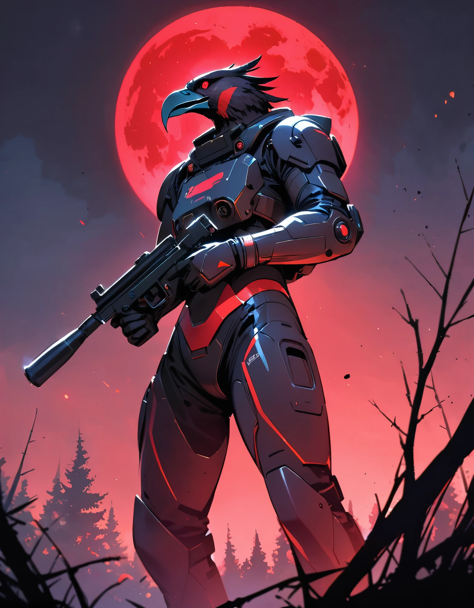 masterpiece, best quality, alien, (half-eagle, eagle's head), male focus, solo, solo focus, dynamic standing pose, beak, white with red accents cyperpunk spacesuit with matching gloves and boots, (holding a pistol, dl44blstr), night time, forest backdrop, red moon, science fiction, horror lighting, conscious pose