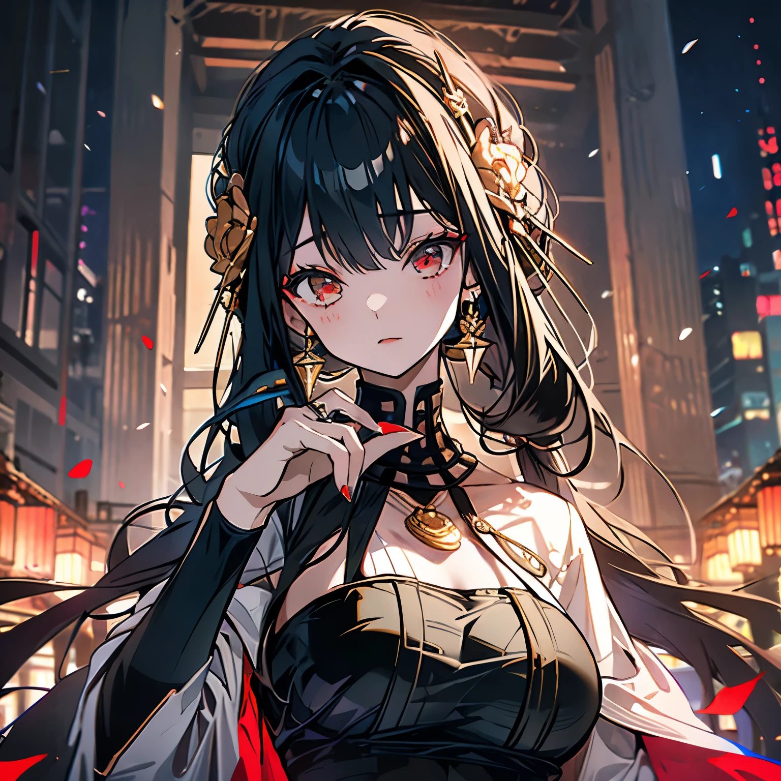 Masterpiece、Yolfoger、Black Face、Red Eyes、night、full moon、Gold rose hair ornament
