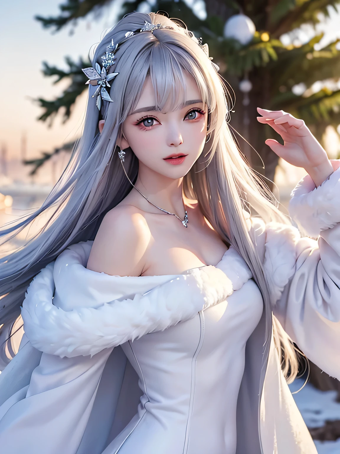 ((masterpiece:1.5、8k、Portrait、Photorealistic and very detailed CG、Very detailed、Particle Effects、Dynamic Effects、Written boundary depth、Cinematic Light、Lens flare、Ray Tracing、Tabletop、Realistic:1.4、超A high resolution:1.2、Realistic、Realistic))((alone、A woman wearing a white fur long coat over an off-the-shoulder knit:1.4、Elegant woman posing:、Detailed face、Bright expression、Younger, brighter, whiter skin、Ample breasts、Best Looks、The ultimate beauty、Silver hair with dazzling highlights、Shiny bright hair,、Super long, silky straight hair、hair dancing in the wind))(morning、The setting is outdoors in the snow, near a Christmas tree.)