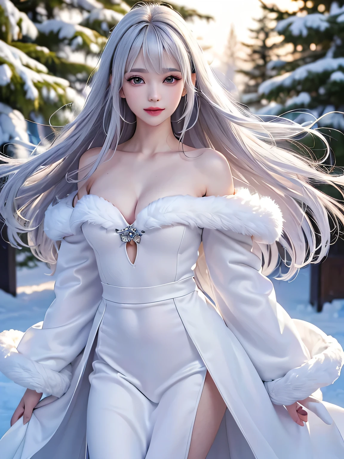 ((masterpiece:1.5、8k、Portrait、Photorealistic and very detailed CG、Very detailed、Particle Effects、Dynamic Effects、Written boundary depth、Cinematic Light、Lens flare、Ray Tracing、Tabletop、Realistic:1.4、超A high resolution:1.2、Realistic、Realistic))((alone、A woman wearing a white fur long coat over an off-the-shoulder knit:1.4、Elegant woman posing:、Detailed face、Bright expression、Younger, brighter, whiter skin、Ample breasts、Best Looks、The ultimate beauty、Silver hair with dazzling highlights、Shiny bright hair,、Super long, silky straight hair、hair dancing in the wind))(morning、The setting is outdoors in the snow, near a Christmas tree.)