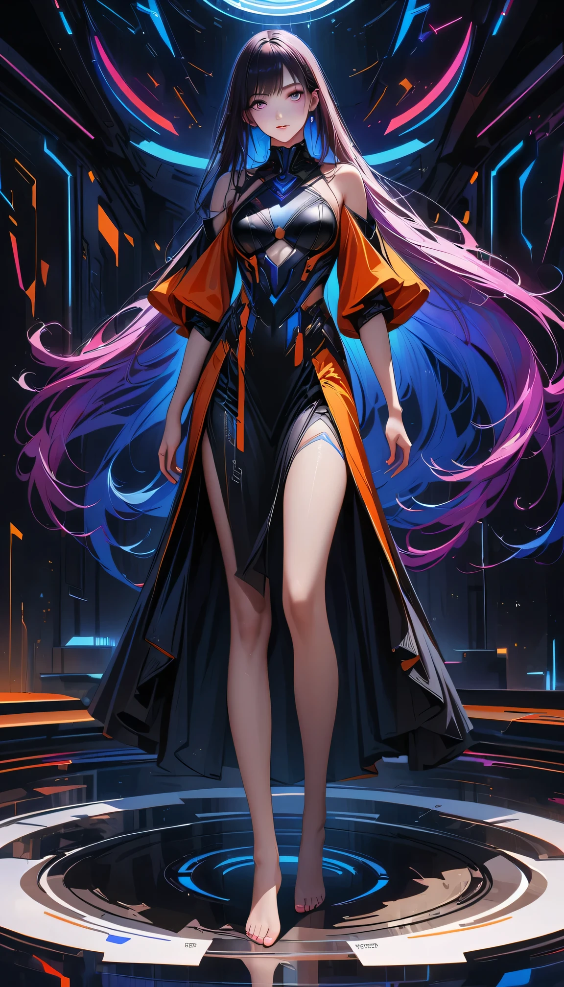 A barefoot futuristic girl standing silently on a carpet, captivating eyes, porcelain skin, long flowing hair, (futuristic outfit:1.1, sleek attire), (bright and vibrant colors), (futuristic bedroom ), (digital art:1.1, digital illustration), (high resolution, ultra-detailed:1.2), (photorealistic:1.37, realistic rendering).
