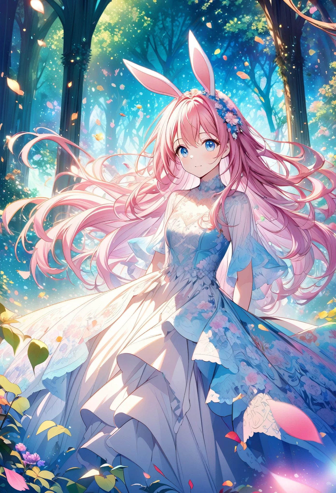 “Create an AI illustration of an anime-style character with pink hair and blue eyes, adorned with bunny ears and floral decorations. The character wears a flowing dress with special lace detailing, transitioning from white to blue, decorated with flower patterns and petals, set against an ethereal forest background with beams of light filtering through the trees and floating colorful leaves.with rainbow”