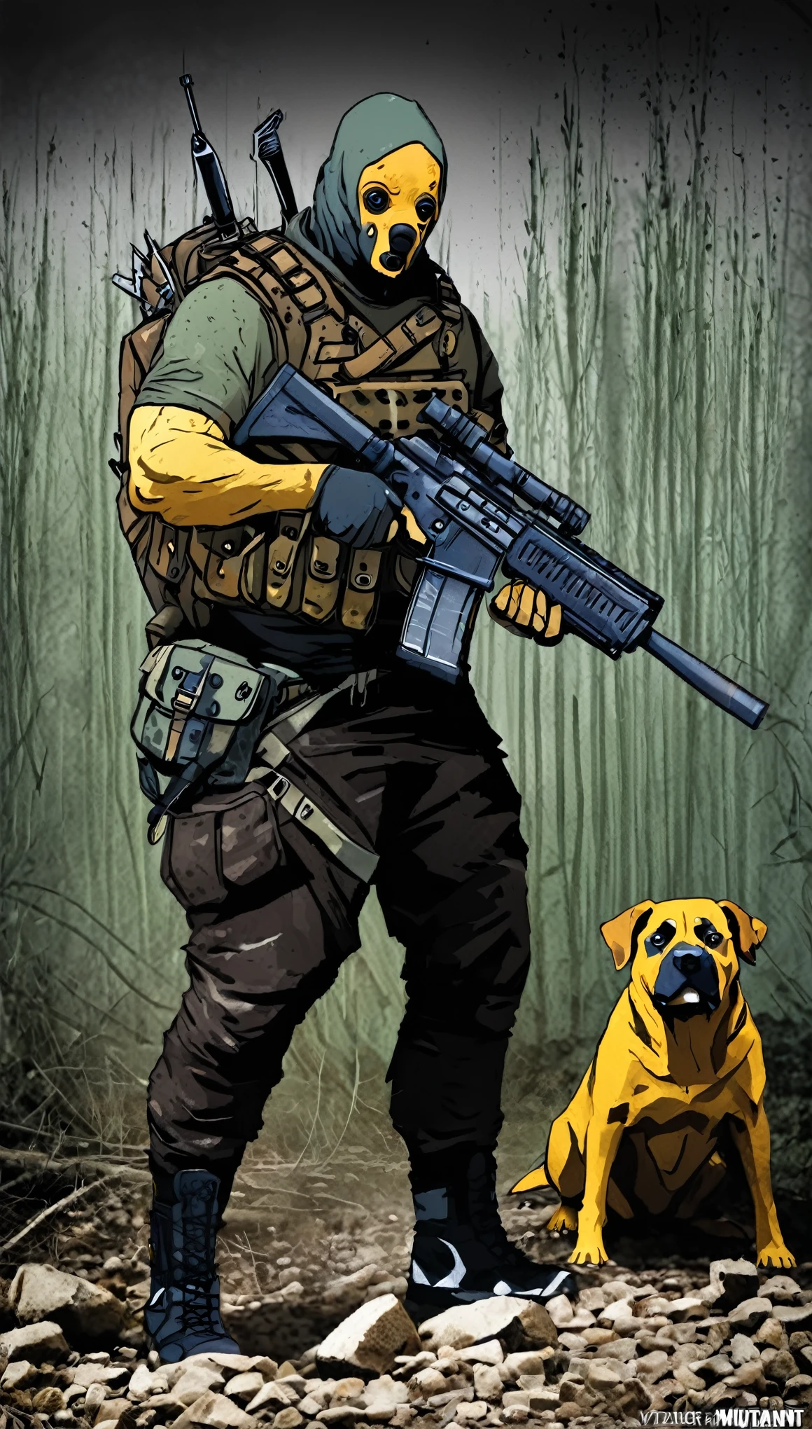 Stalker with a weapon hides from mutant dogs.