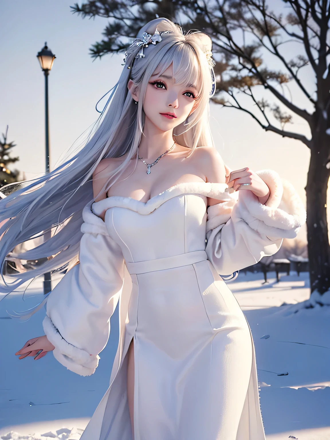 ((masterpiece:1.5、8k、Portrait、Photorealistic and very detailed CG、Very detailed、Particle Effects、Dynamic Effects、Written boundary depth、Cinematic Light、Lens flare、Ray Tracing、Tabletop、Realistic:1.4、超A high resolution:1.2、Realistic、Realistic))((alone、A woman wearing a white fur long coat over an off-the-shoulder knit:1.4、Elegant woman posing:、Detailed face、Bright expression、Younger, brighter, whiter skin、Ample breasts、Best Looks、The ultimate beauty、Silver hair with dazzling highlights、Shiny bright hair,、Super long, silky straight hair、hair dancing in the wind))(morning、The setting is outdoors in the snow, near a Christmas tree.)