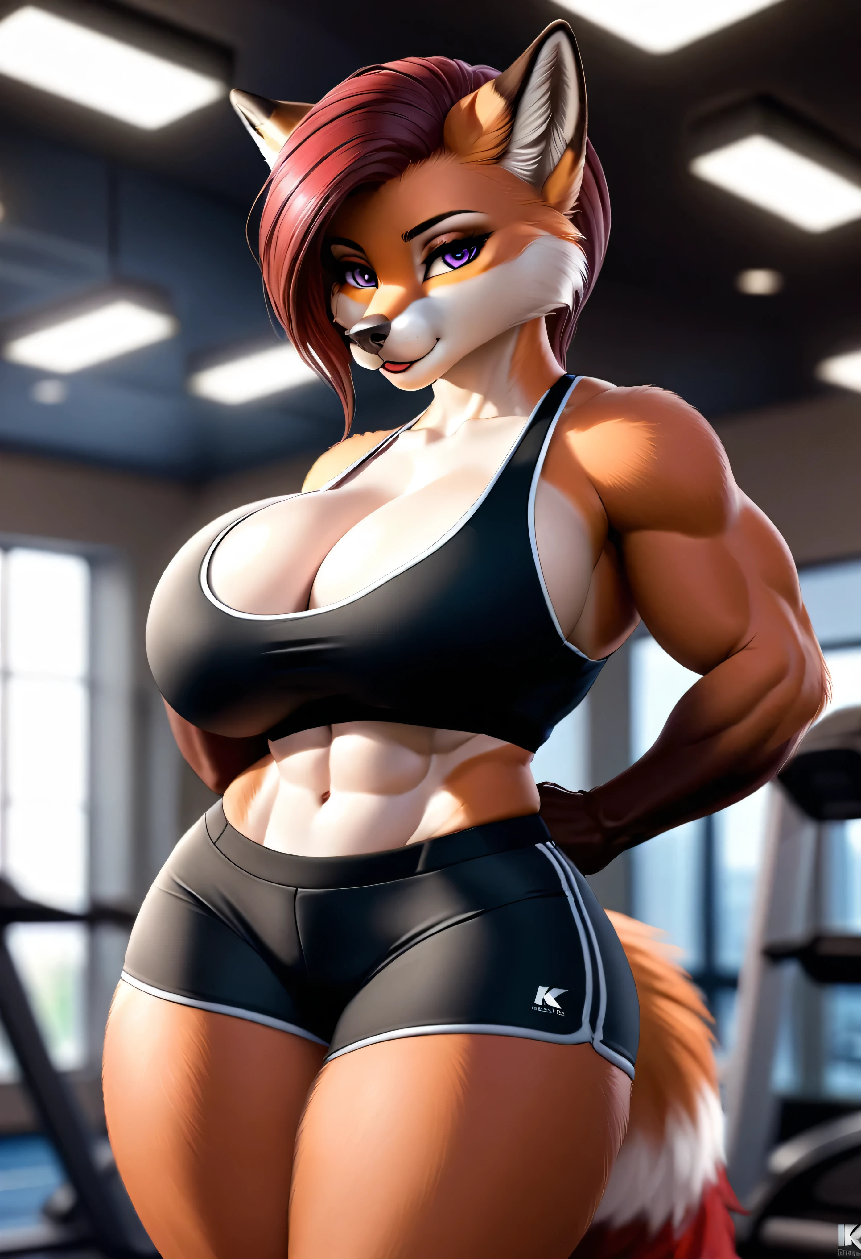 4k highly detailed realistic digital extremely high quality drawing, masterpiece, (by keeltheequine), (uploaded on e621), (a full-body portrait of an anthro fox girl), ((posing in a gym)), ((wearing a sexy sports bra and tight shorts)), (beautiful and detailed eyes:1.1), (thick bimbo lips), fur, seductive, sexy, voluptuous, curvy body, hourglass figure, large breasts, muscles, cinematic lighting, (f1.8 short focus bokeh)