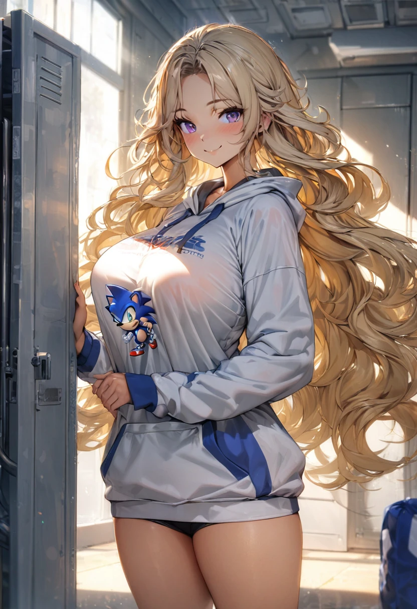 (masterpiece:1.2, best quality), (highly detailed), gym locker room, 1girl, girl, , long legs, long hair, blonde, (white pantielue sonic the hedgehog hoodie)), standing, smile, Original Character, Volumetric Lighting, Best Shadows, Shallow Depth of Field, (Highest Quality, Amazing Details:1.25), Brilliant Colorful Paintings (Huge breasts: 1. 2,),