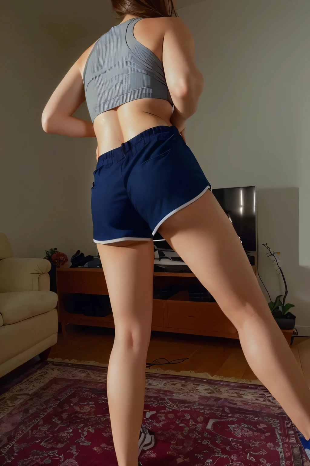 A beautiful light brunette woman in a sports top and shorts standing in a living room in shorts, long shot of the back, long shot of back, very short pants, view from behind, photo from behind, views from behind, from the back, rear view, photo taken from the back, with tanned body, toned body, athletic body, ((((legs)))); sexy pose, extremely sexy, very sensual, shapely legs. She is about 36 years old, 1.62 tall, 60 kg, best quality, perfect face, perfect mouth, perfect hands, is standing, (full body) wearing a tank top (((grayish top))), blue shorts tight dark blue shorts (((dark blue shorts))), short blue shorts for gym training, well defined, her slightly plump and red lips look like a delicate flower. Slim body, slim waist. Her body exudes glamor and her face is the definition of beauty. Highly realistic, reddish skin, feeling of lightness and joy, hyper-realism, very elaborate skin. Sharp photo, high quality, high resolution (ultra quality masterpiece), Ultra HD, high contrast, 16K. Masterpiece: 1.3, high resolution, (photographically realistic), 8k, NUDE, NUDITY, NFSW.