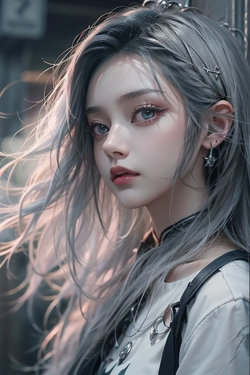 top-quality、8K、masterpiece:1.3、Gothic punk、Red inner color、A grey dark-haired、hair adornments、a beauty girl、creative、dark fantasy style、Neogos、Goth Fashion:1.2、hight resolution、masterpiece、top-quality、headw:1.3、((Hasselblad photo))、Fine-grained skin、Sharp Focus、(lighting like a movie)、Realistic texture m hair