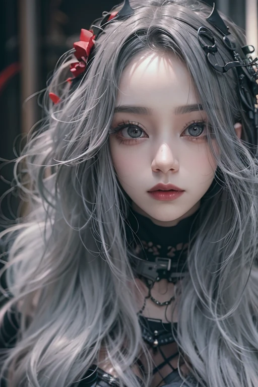 top-quality、8K、masterpiece:1.3、Gothic punk、Red inner color、A grey dark-haired、hair adornments、a beauty girl、creative、dark fantasy style、Neogos、Goth Fashion:1.2、hight resolution、masterpiece、top-quality、headw:1.3、((Hasselblad photo))、Fine-grained skin、Sharp Focus、(lighting like a movie)、Realistic texture m hair