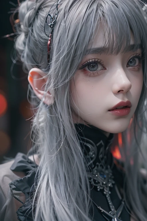 top-quality、8K、​masterpiece：1.3、Gothic punk、Red inner color、A grey dark-haired、hair adornments、a beauty girl、creative、dark fantasy style、Neogos、Goth Fashion：1.2、hight resolution、​masterpiece、top-quality、headw:1.3、((Hasselblad photo))、Fine-grained skin、Sharp Focus、(lighting like a movie)、Realistic texture m hair