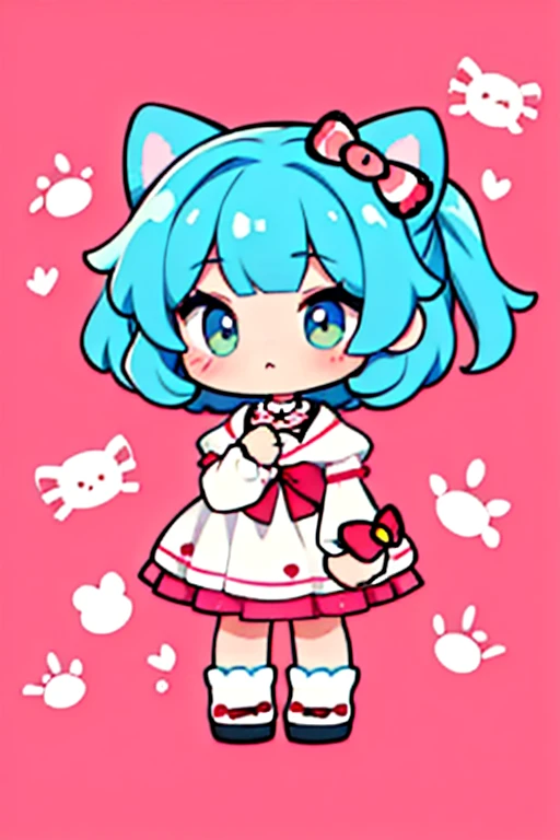Hello Kitty、Kitty-chan&#39;s favorite girl、Blonde twin tails、Red ribbon、Blue Overalls、yellowＴshirt、cute、Cat posing、detailed、Masterpiece