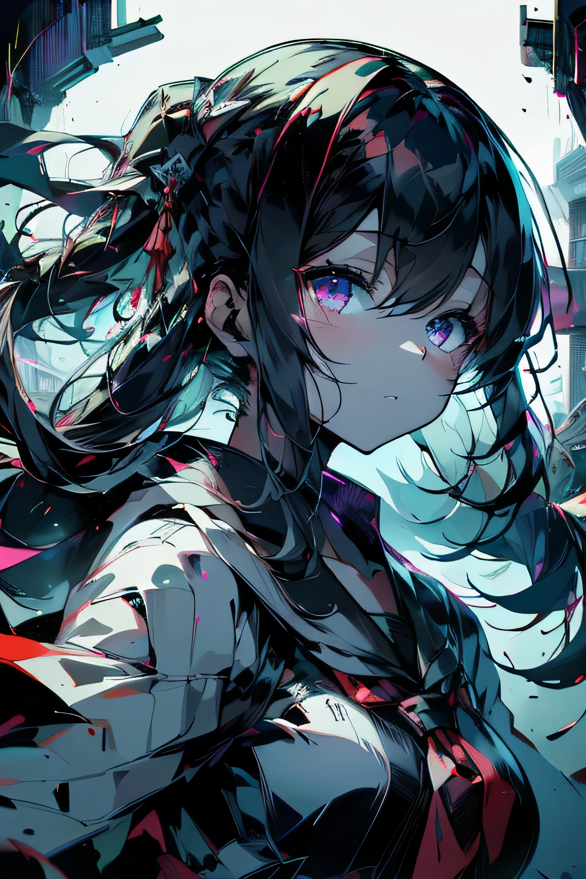 v5lcn style,ink art,(Best Quality,masutepiece:1.2),(black and white comic core:1.1),(extreme high contrast),Dark ink,1girl in,A dark-haired,Shadow on face、8K,resolution,High School Girl