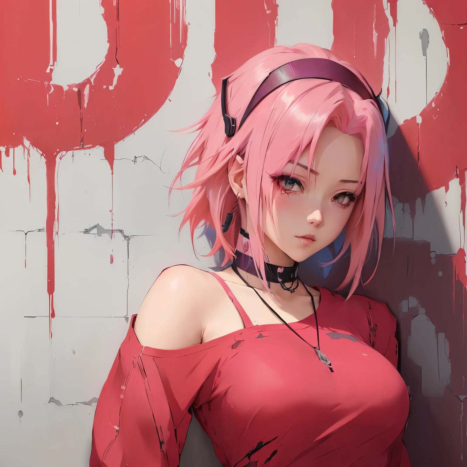anime girl with pink hair and blue eyes leaning against a wall, anime style 4 k, anime style. 8k, sakura haruno, anime styled digital art, haruno sakura, anime style portrait, seductive anime girl, badass anime 8 k, anime style illustration, realistic anime artstyle, artwork in the style of guweiz, made with anime painter studio