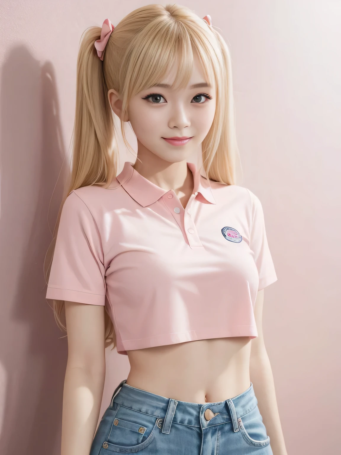 With two people、A 19-year-old high school girl posing for a photo in a red polo shirt、victory、Blonde、Twin tails、Tsundere、smile、Saucy、Navy blue mall、Slim girl model photo、body:Female Model、Japanese female fashion model、(8K、Raw photo、Best image quality、masterpiece:1.2)、(Genuine、photoGenuineistic:1.37)、Ultra-high resolution、Ultra-high resolution、Standing position、whole body、((((sexy)))、Pink wall、Shapely small breasts