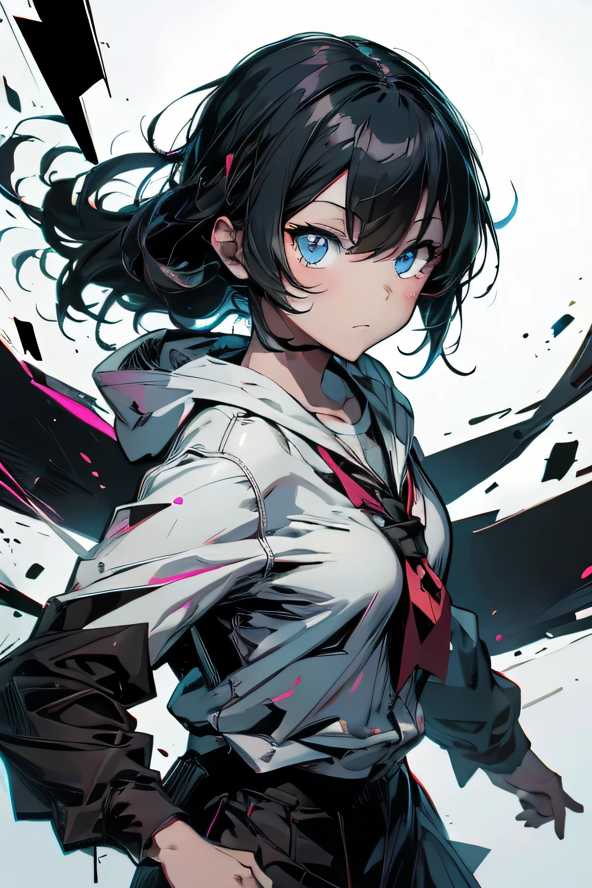 v5lcn style,ink art,(Best Quality,masutepiece:1.2),(black and white comic core:1.1),(extreme high contrast),Dark ink,1girl in,A dark-haired,Shadow on face、8K,resolution,High School Girl
