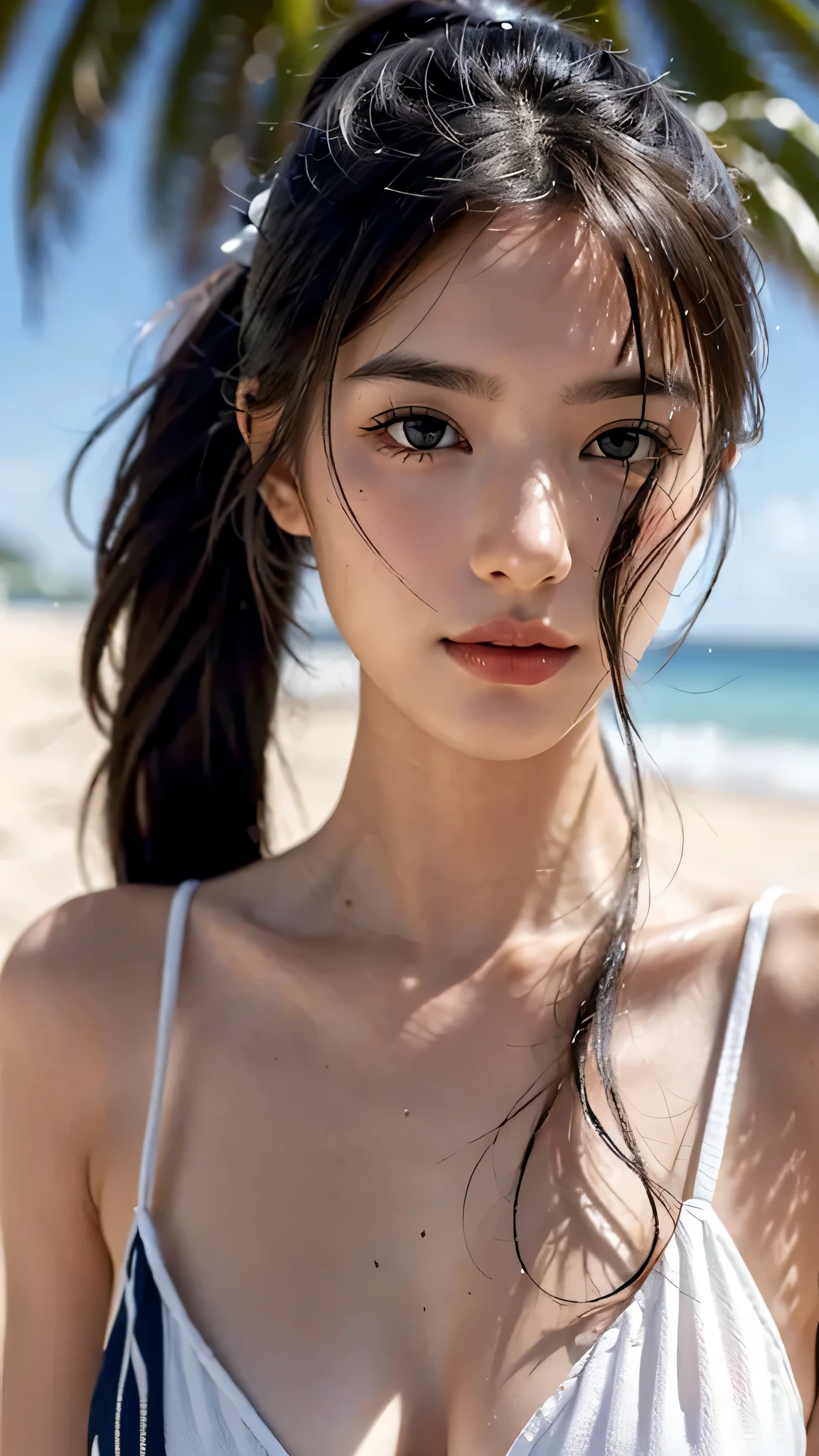 Beach,White bikini swimwear,close-up of face,One woman,fully body photo,masutepiece, The highest image quality, High quality, the background is clear,Beautiful woman, Japanese, Detailed, Detailed eyes, Detailed skin, Beautiful skin, 超hight resolution, (reality: 1.4),Very beautiful woman, Slightly younger face, Beautiful skin, slender, (Ultra photo realsisim), (hight resolution), (8K), (Very detailed) (beautifully detailed eyes), (super detailed), (Detailed face), view the viewer, Fine details, Detailed face, Staring straight ahead, Staring straight ahead, photos realistic, Bright lighting, Professional Lighting, Black hair,poneyTail,a baby face,sixteen years old,Hairstyle: ponytail,Long ponytail hairstyle,slight smile,