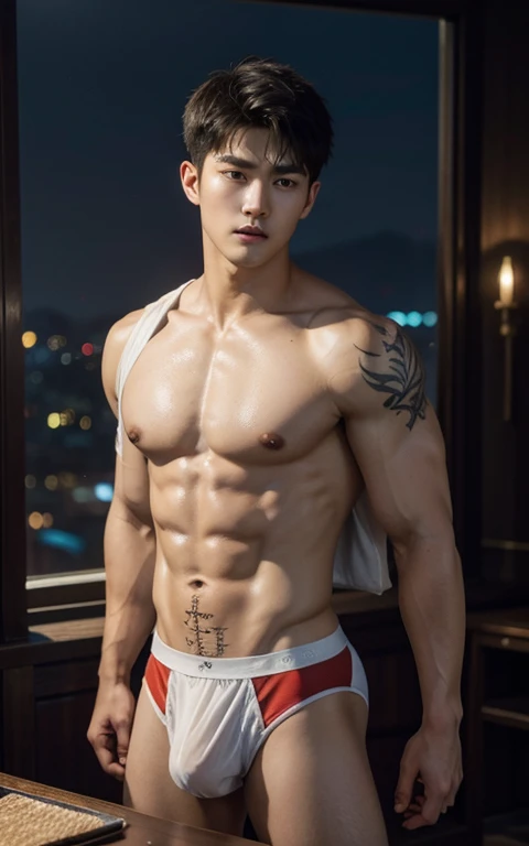 Chinese Men God, Mythology, Chinese odyssy, Handsome, Twink, Topless, Muscles, Athlete body, Full Frame, Sexy, Professional Lighting, Hanfu Outfit, Chinese Heaven Background, smooth Bulge Underwear, Hanfu Warrior, Hanfu God, Hanfu Male, Hanfu Nobel, Seduce, Sex Appeals, Alafard man shirtless carrying a backpack, muscular body, handsome, manly, detailed face, manly chin, manly jawline, inspirite by Zhang Han, Cai Xukun, Kim Do-young, Inspired by Bian Shoumin, Inspired by Xiao Yuncong, yihao ren, yanjun cheng, jinyiwei, inspired by Huang Gongwang, xintong chen, Jacket, wearing super tiny skiny brief ,transparent see through underwear, nice shape bulge form, the dick shape bulge, wet cloth, nice juicy butts, bare butts, open legs, Tattoo chest, tattoo hands, tattoo arms, tattoo belly, clear studio light, night ancient chinese Buddhism temple background, detailed background, fantasy Chinese themed, the best resolution, 8k, Ultra fullHD, look at the viewer, catching eyes,