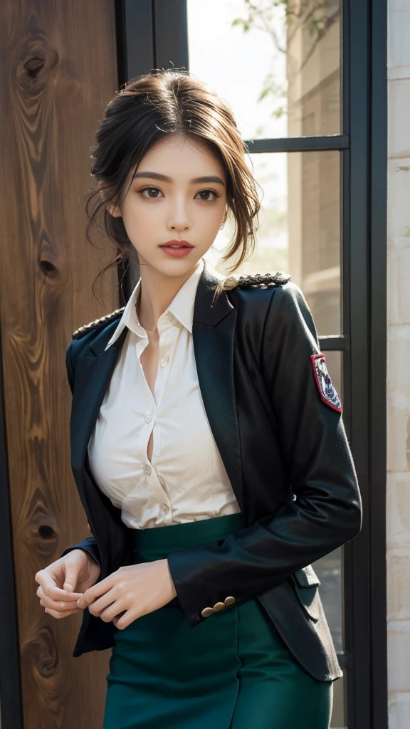 mais alta qualidade、high resolution 16K、super detalhado、obra de arte、Filmagem ao vivo、realista:1.4、Hiper Realismo:1.4、sharp focuuito delicado e lindo、pequenos detalhes、1 mulher、(europeu:1.2)、(loiro)、(abra suas pernas:1.3)、(no pangravatas:1.3)、(NSFW:1.1)、 (sentado em uma mesa)、(Super lindo)、(rosto bonito:1.5)、(rabo de cavalo, Meias)、(rosto detalhado)、(olhos finos e lindos)、olhos redondos perfeitos、(detailed lips)、batom、(delineador)、mascara、sombra、(green pencil skirt military uniform,)、camisa branca、terno verde, gravata、Na NSFW