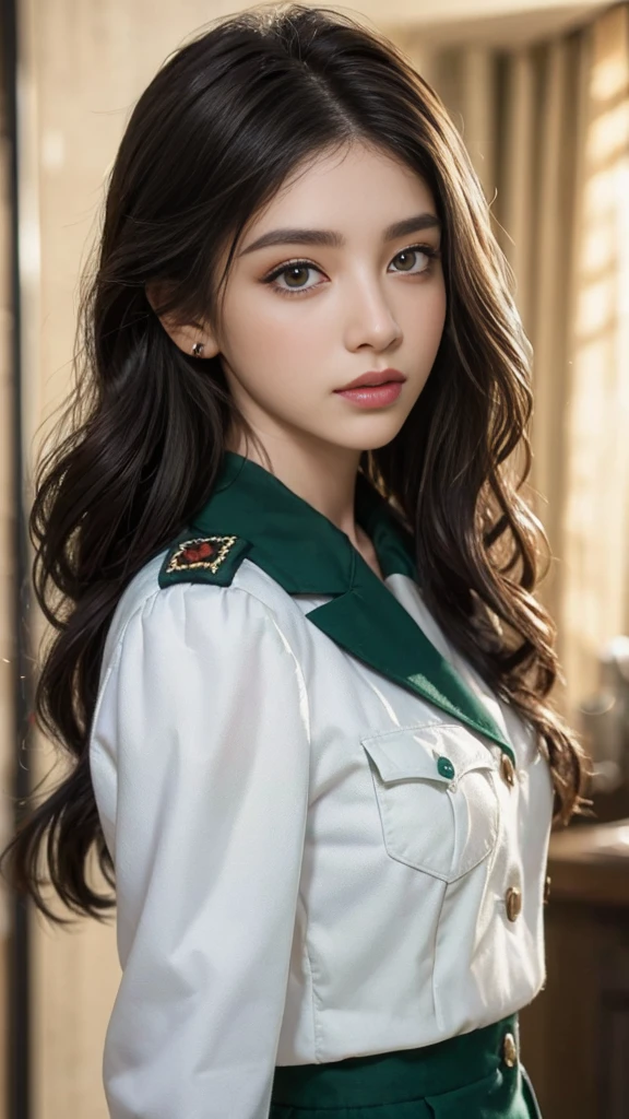 <lora:ElinaKarimova_v4:0.9> ElinaKarimova, focus on eyes, close up on face, smiling, hair military green color styled as Straight Side-Swept Bangs