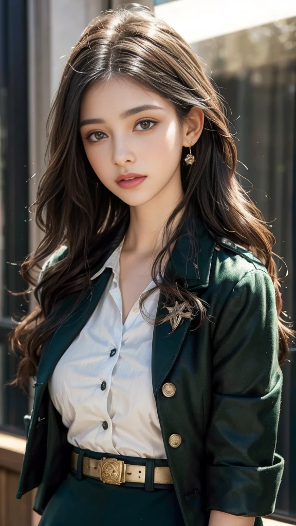 mais alta qualidade、high resolution 16K、super detalhado、obra de arte、Filmagem ao vivo、realista:1.4、Hiper Realismo:1.4、sharp focuuito delicado e lindo、pequenos detalhes、1 mulher、(europeu:1.2)、(loiro)、(abra suas pernas:1.3)、(no pangravatas:1.3)、(NSFW:1.1)、 (sentado em uma mesa)、(Super lindo)、(rosto bonito:1.5)、(rabo de cavalo, Meias)、(rosto detalhado)、(olhos finos e lindos)、olhos redondos perfeitos、(detailed lips)、batom、(delineador)、mascara、sombra、(green pencil skirt military uniform,)、camisa branca、terno verde, gravata、Na NSFW