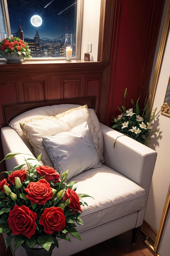 Stunning bouquet of roses and lilies in a ceramic vase, Red and White, Comfortable room, wreath, An open window, Moon and stars, night, Comfortable atmosphere