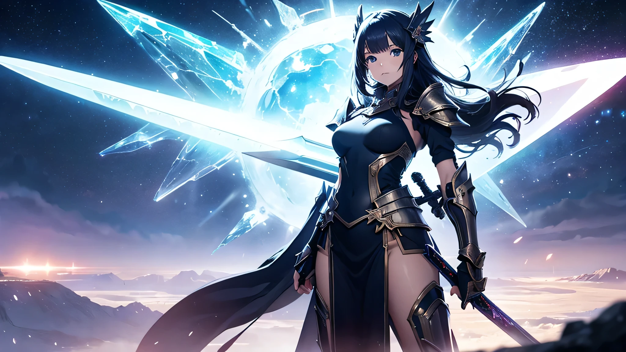 (masterpiece), best quality, expressive eyes, (perfect_face), ultra detailed, 1girl, solo, a goddess holding a huge sword,purple-hair, sword-of_flame, fighting stance, dynamic angle, attack battle form, holding-giant_sword, gripping , glaring, Close-ups of weapons, huge_sword, ornate sword, full of momentum, sky cracking, thunder-and-lightning, planet exploding((Full-Body_Image)), big tits, exposed belly, (purple eyes), (Long-Hair), (perfect_eyes)