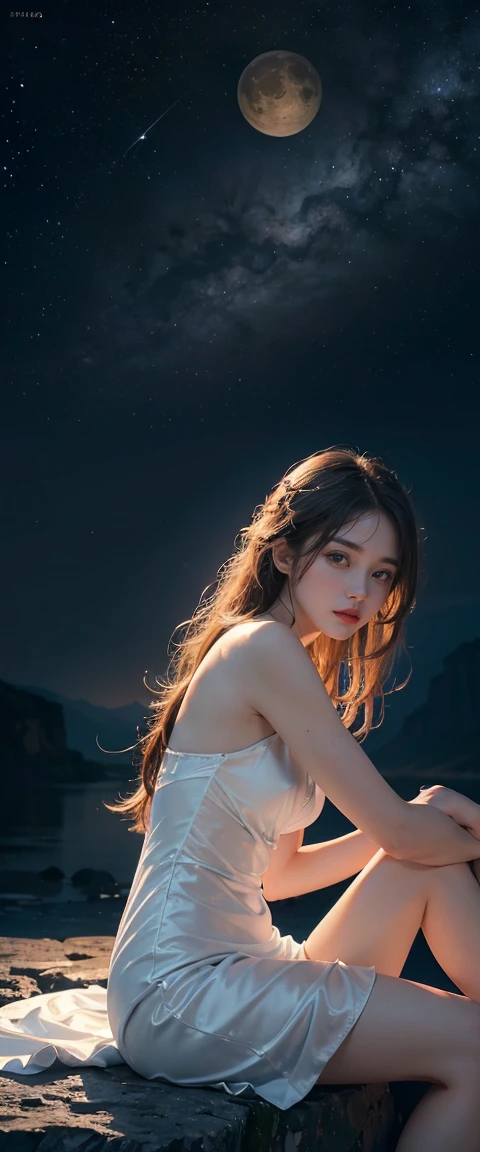 ((masterpiece, highest quality, Highest image quality, High resolution, photorealistic, Raw photo, 8K)), ((Extremely detailed CG unified 8k wallpaper)), Floating, Side view of a woman sitting on a giant crescent moon in the night sky, white one-piece dress.