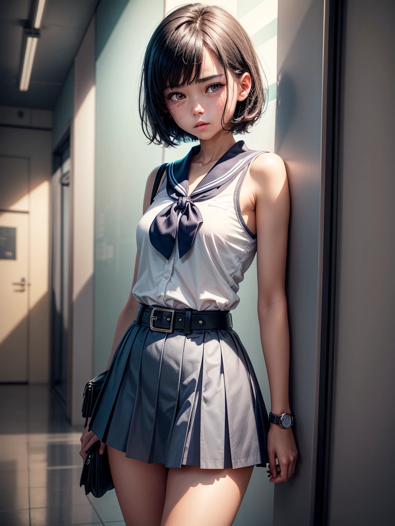 1 girl, alone,Black Short Hair, Sailor suit,belt,watch,high school girl,White sleeveless collared shirt,Blue super mini skirt,Are crying:1.5, Perfect light, 8k, masterpiece:1.2, Very detailed, Realistic:1.37, Full HD, Night school corridor background,Cowboy shot from the front,Are standing